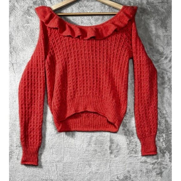 Anthropologie Sweater Ruffled Open Neck Jumper Cozy Soft Coral Pink Waffle Knit - Picture 7 of 14